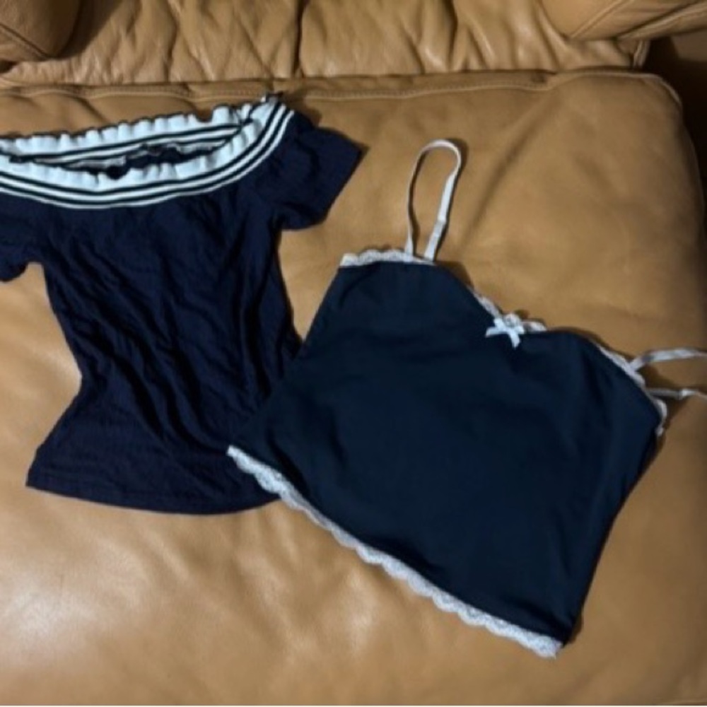 Navy and White Off-Shoulder Top and Camisole Set